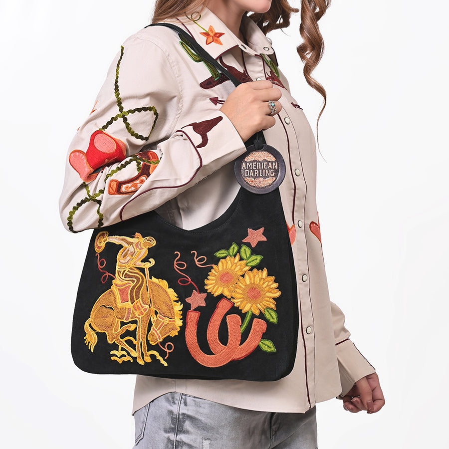 American Darling Genuine Suede Leather Embroidered Hobo Shoulder Bag Purse