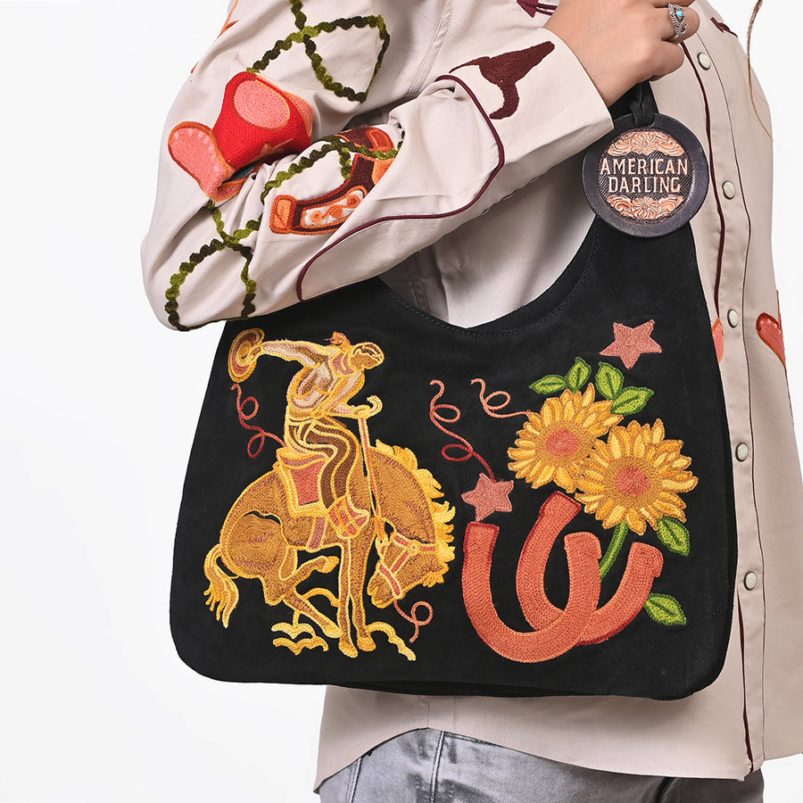 American Darling Genuine Suede Leather Embroidered Hobo Shoulder Bag Purse
