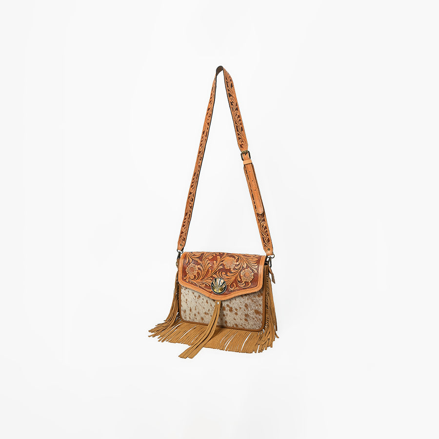 American Darling Western Floral Tooled Leather & Cowhide Fringe Crossbody Bag