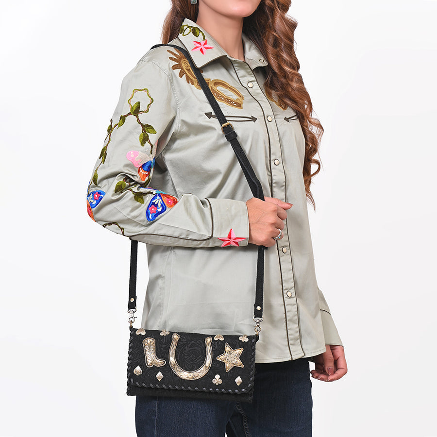 American Darling Black Leather Western Crossbody Bag with Embossed Floral