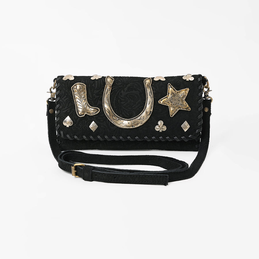 American Darling Black Leather Western Crossbody Bag with Embossed Floral