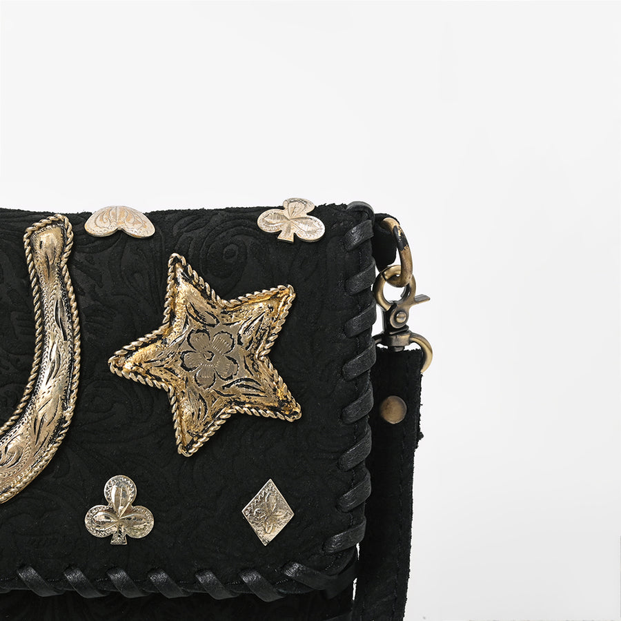 American Darling Black Leather Western Crossbody Bag with Embossed Floral