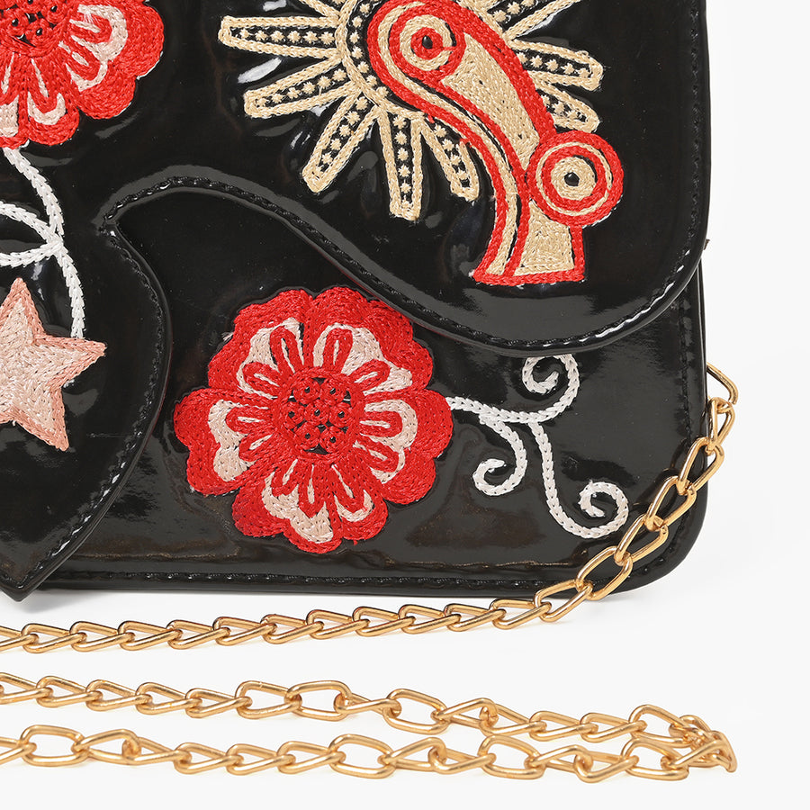 American Darling Black Genuine Leather Western Crossbody Clutch with Embroidered Cowboy Boots Floral Design Gold Chain Strap
