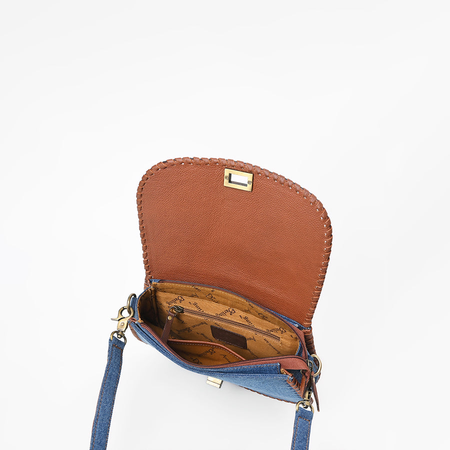 American Darling Western Tooled Leather & Denim Crossbody Bag