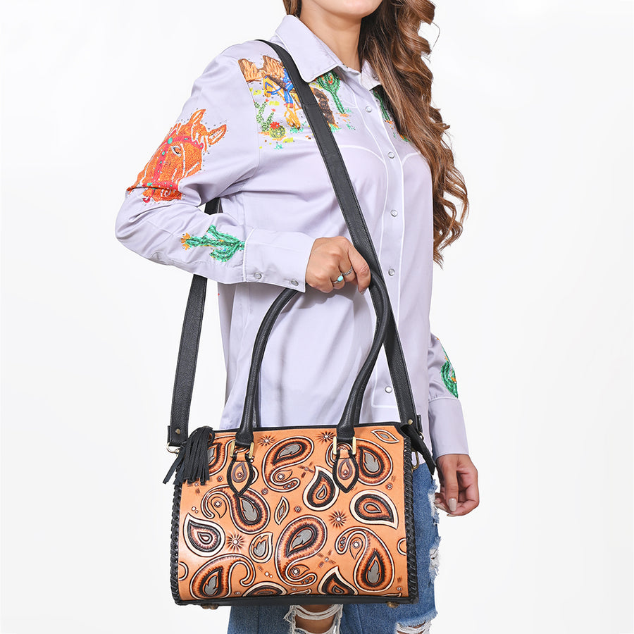 American Darling Western Leather Tote Bag with Paisley Tooled Design