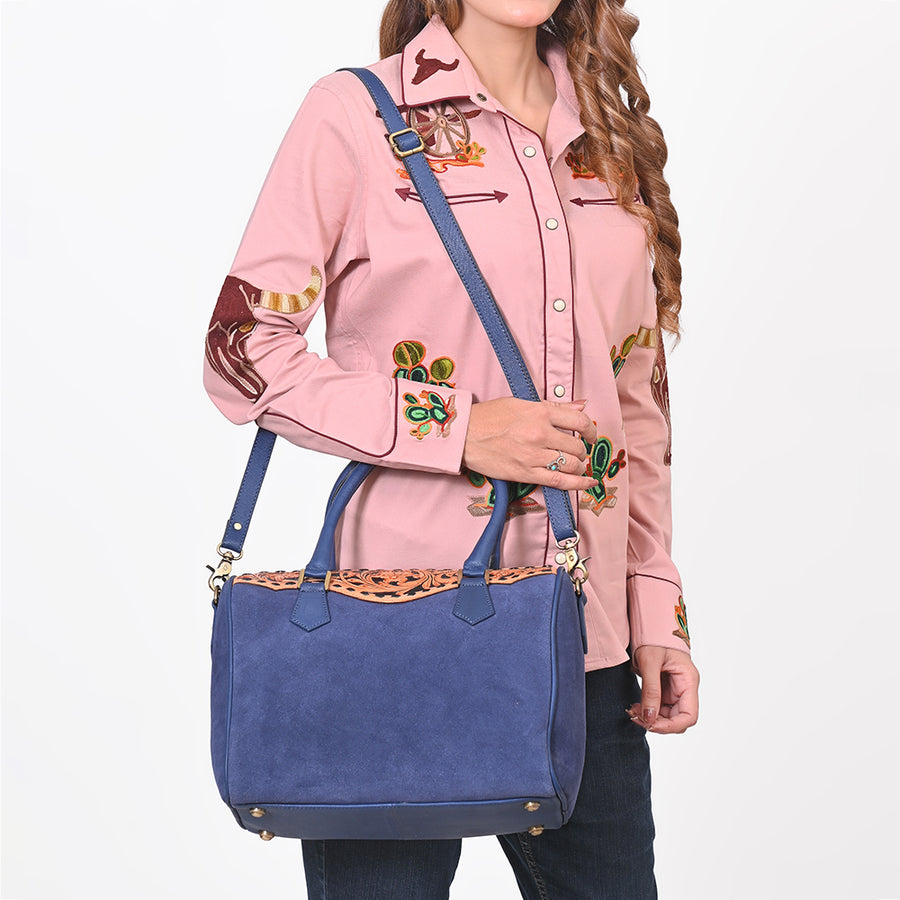 American Darling Navy Blue Suede Tote Bag w/ Floral Tooled Leather