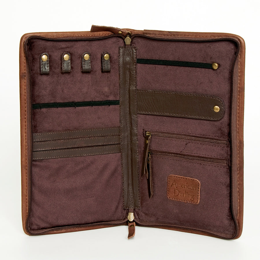 American Darling Women's Hair-On Cowhide Jewelry Case Hand Tooled Floral Carved Eco-Friendly Vegetable-Tanned Genuine Leather