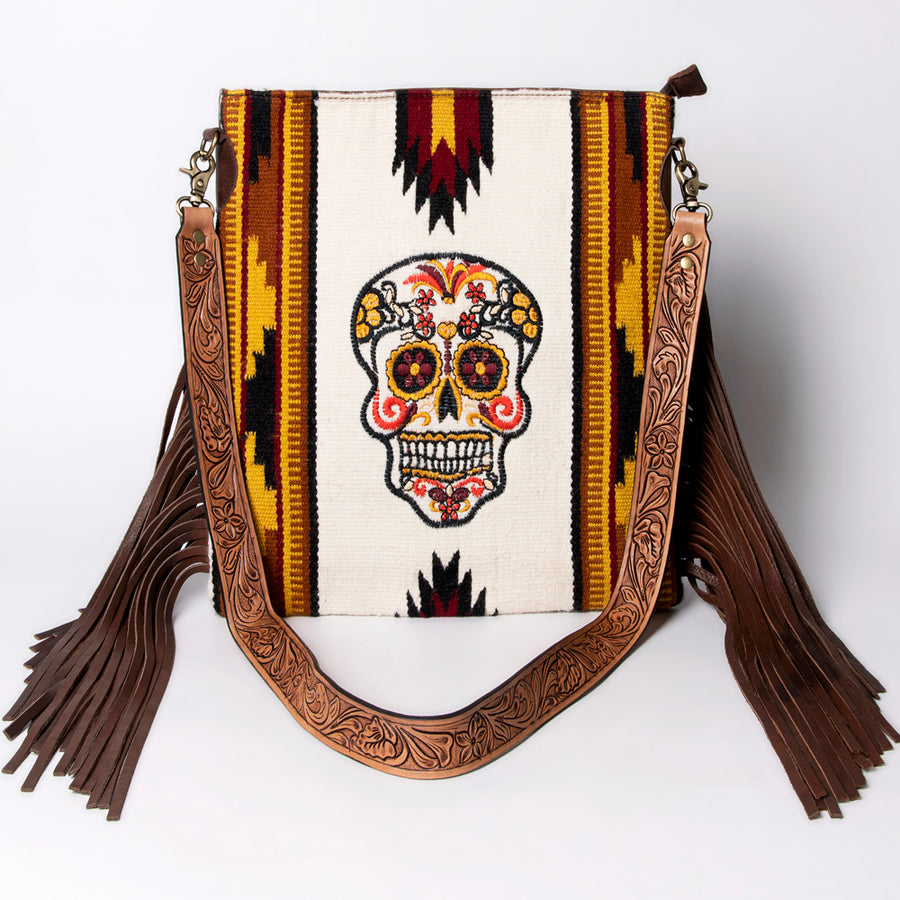 American Darling Woven Sugar Skull Handbag – Southwestern Striped Purse with Embroidered Skull, Tooled Leather Strap & Fringe