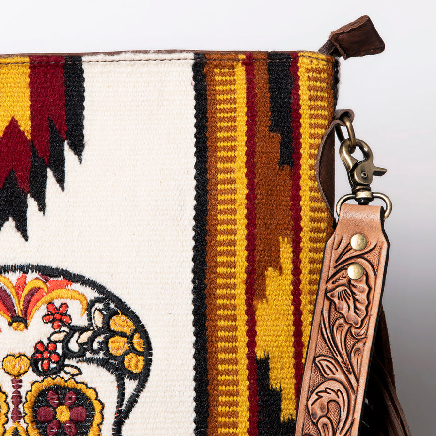 American Darling Woven Sugar Skull Handbag – Southwestern Striped Purse with Embroidered Skull, Tooled Leather Strap & Fringe