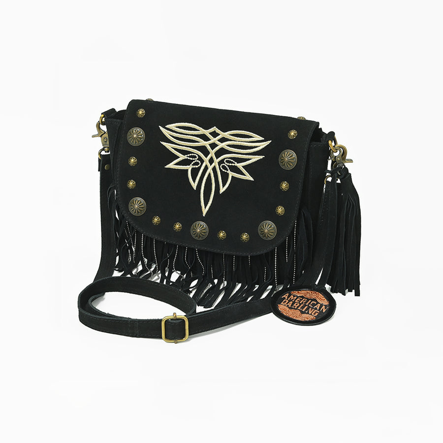 American Darling Genuine Suede Leather Fringe Cross body Bag with Embroidery - Uhorse