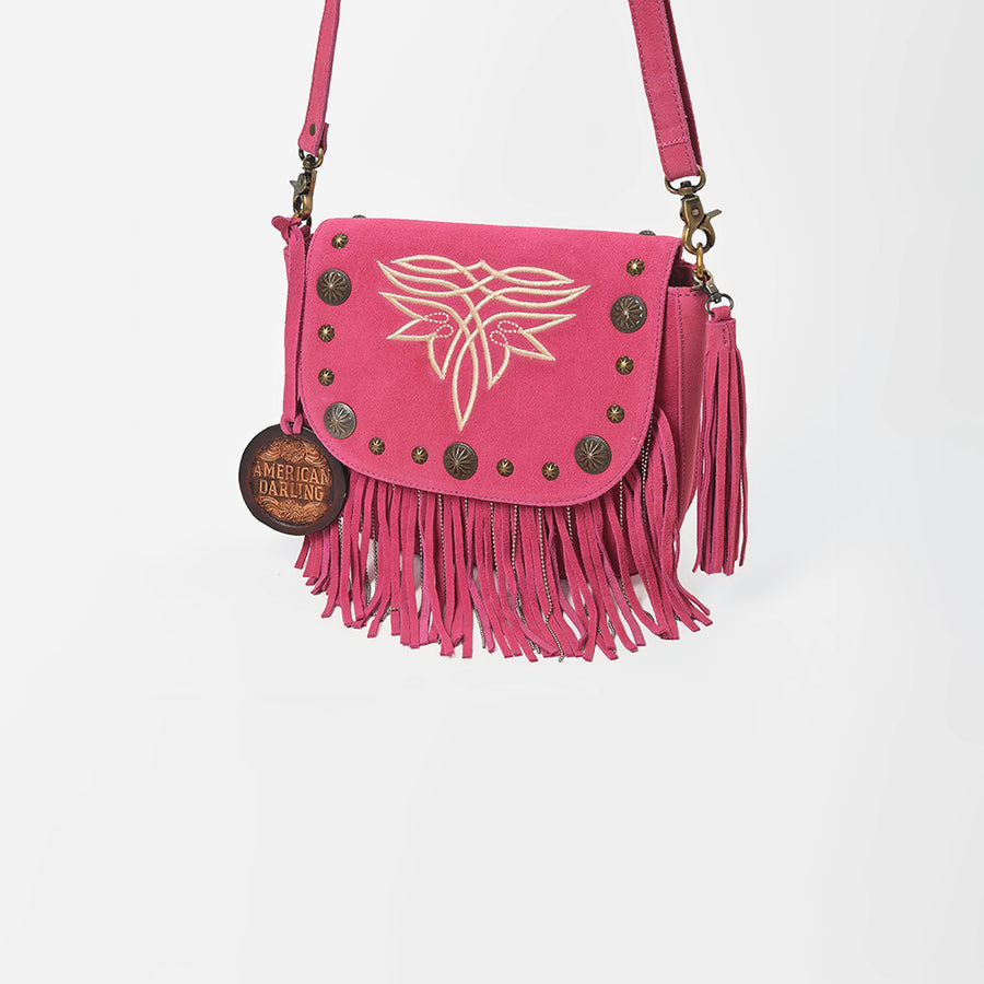 American Darling Genuine Suede Leather Fringe Cross body Bag with Embroidery - Uhorse