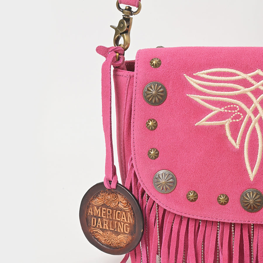 American Darling Genuine Suede Leather Cross body Bag - Fringe, Embroidery & Concho Eco-Friendly Vegetable Tanned Purse