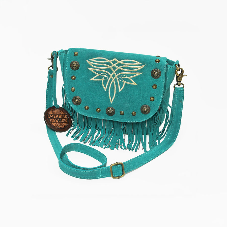 American Darling Genuine Suede Leather Fringe Cross body Bag with Embroidery - Uhorse
