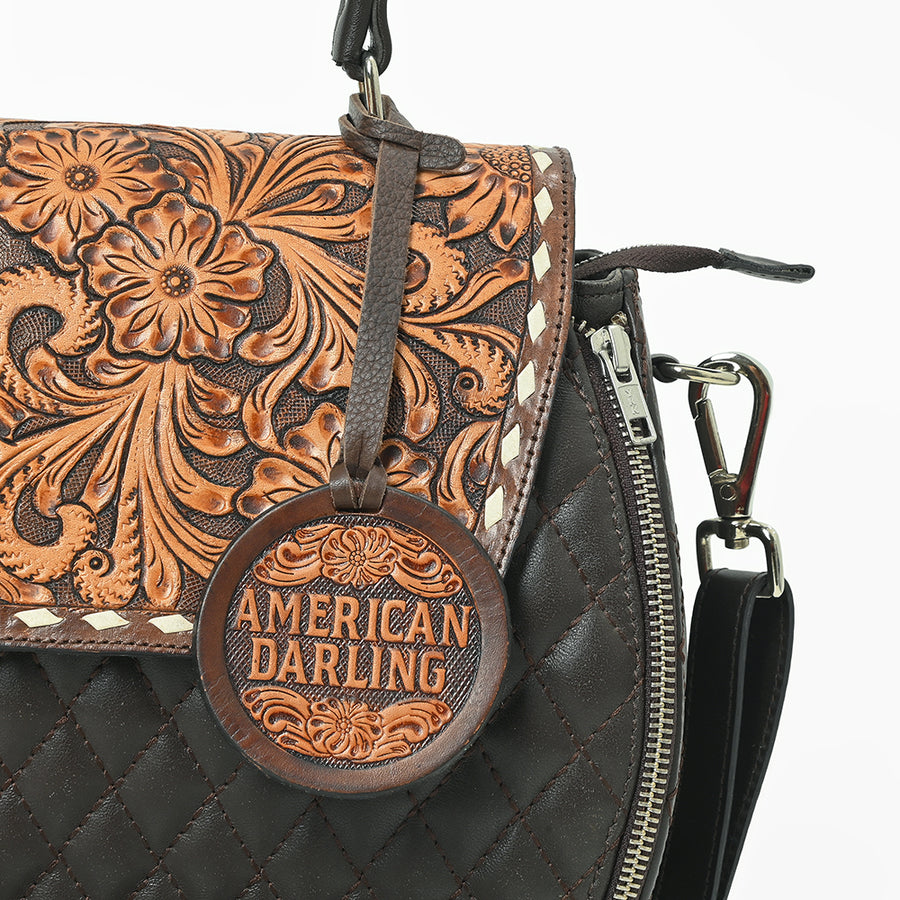 American Darling Dark Brown Quilted Satchel with Floral Tooled Leather Flap