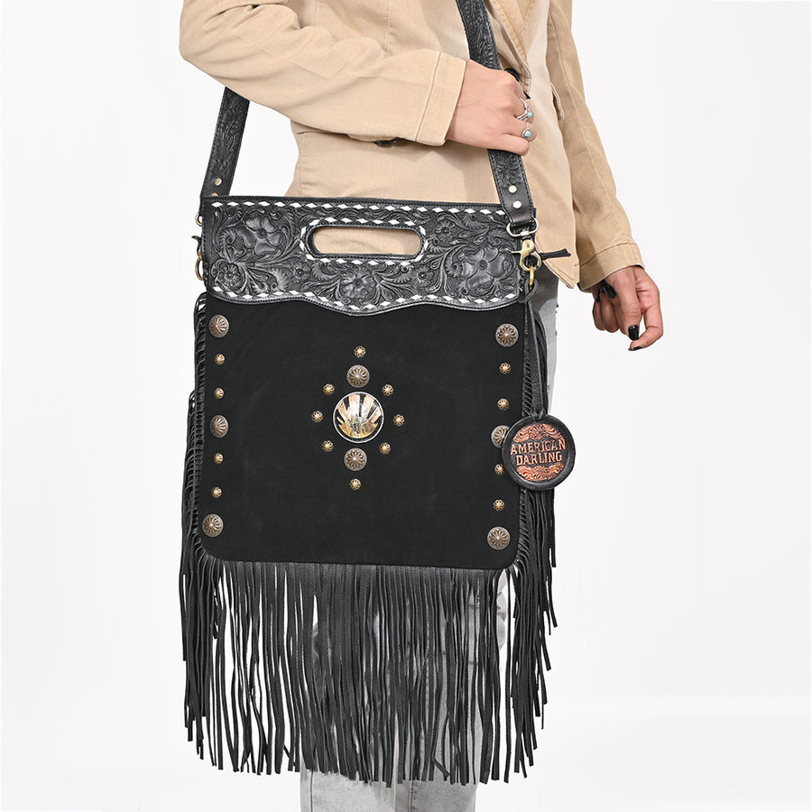 American Darling Clutch Bag Hand Tooled Floral Genuine Leather Western Purse with Fringes Concho and YKK Zipper