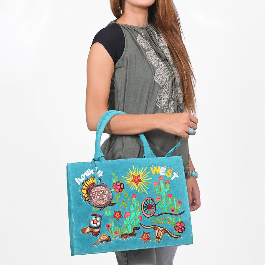 American Darling Women's Turquoise Western Tote Bag with Colorful Desert Embroidery Sunflower