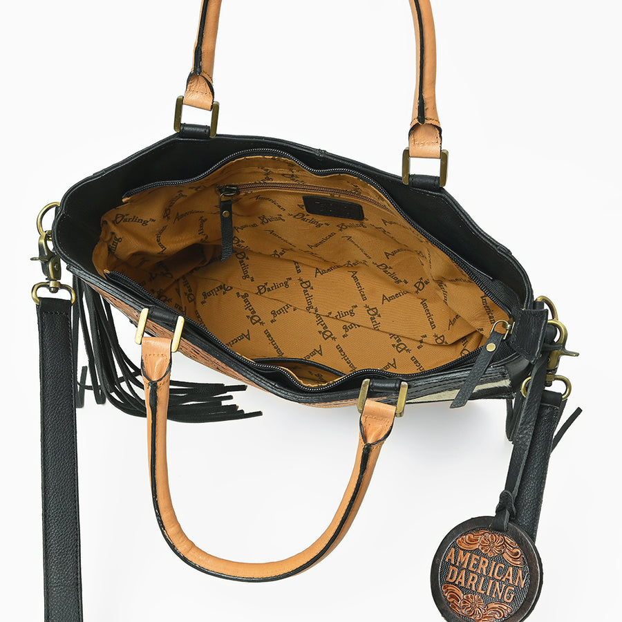 Western Hand-Tooled Leather Shoulder Bag with Hair-On Panels & Fringe – Premium Crossbody Handbag