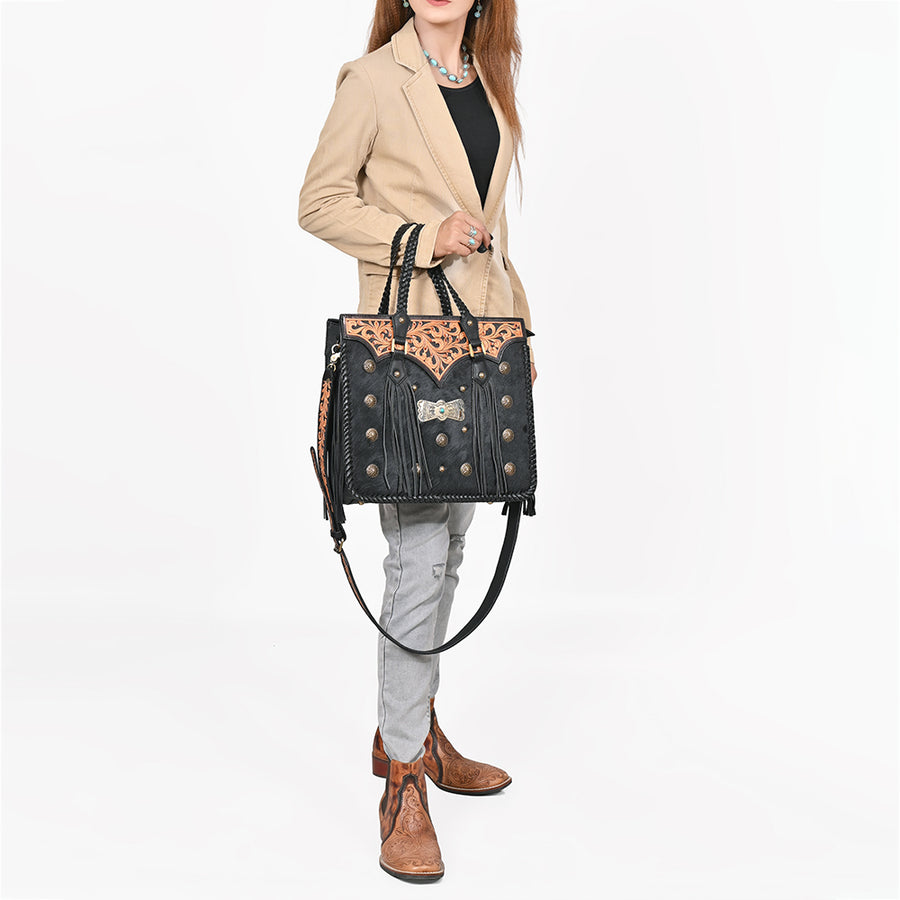 American Darling Western Tooled Leather Tote Bag for Women – Black Hand-Tooled Handbag