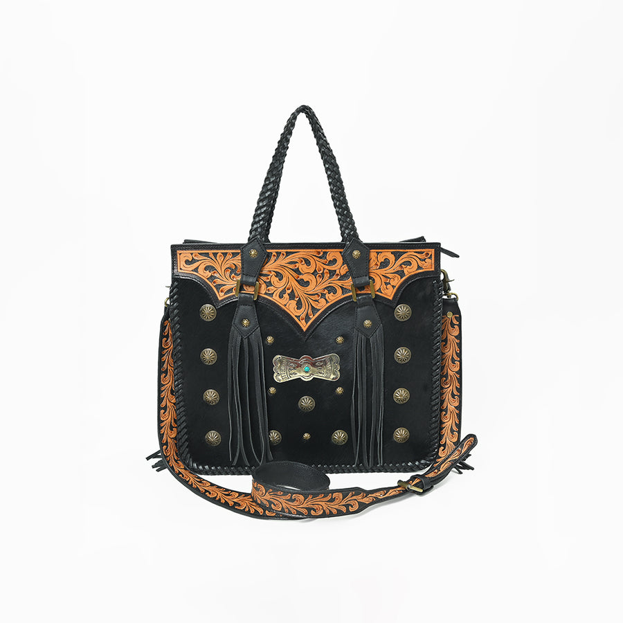 American Darling Western Tooled Leather Tote Bag for Women – Black Hand-Tooled Handbag