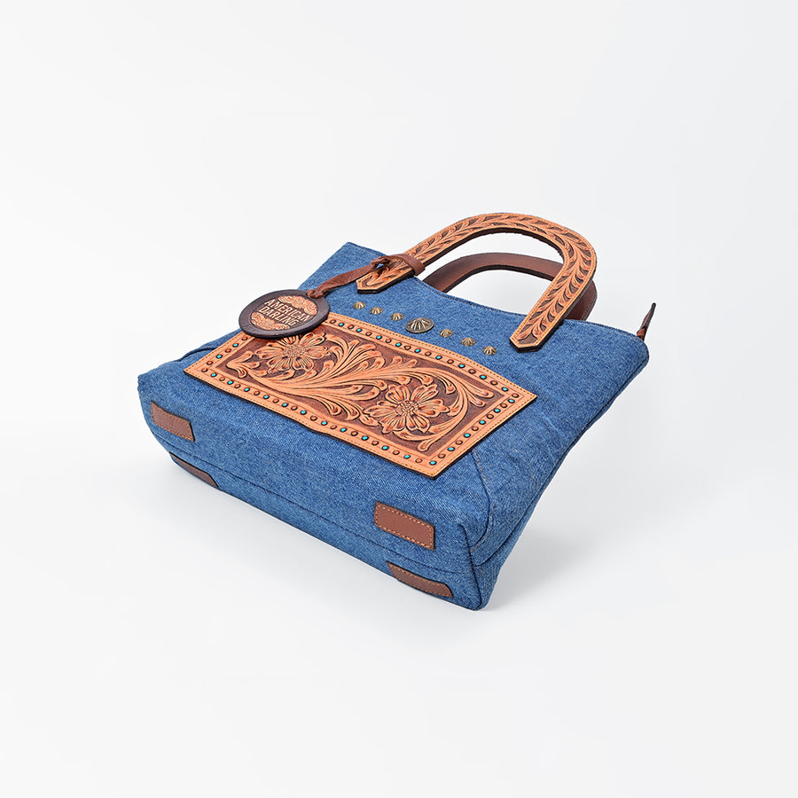 American Darling Blue Denim & Tooled Leather Western Handbag with Turquoise Studs
