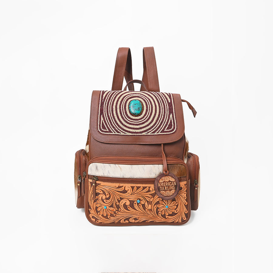 American Darling Western Leather Backpack with Turquoise Stone & Hand‑Tooled Floral Detailing