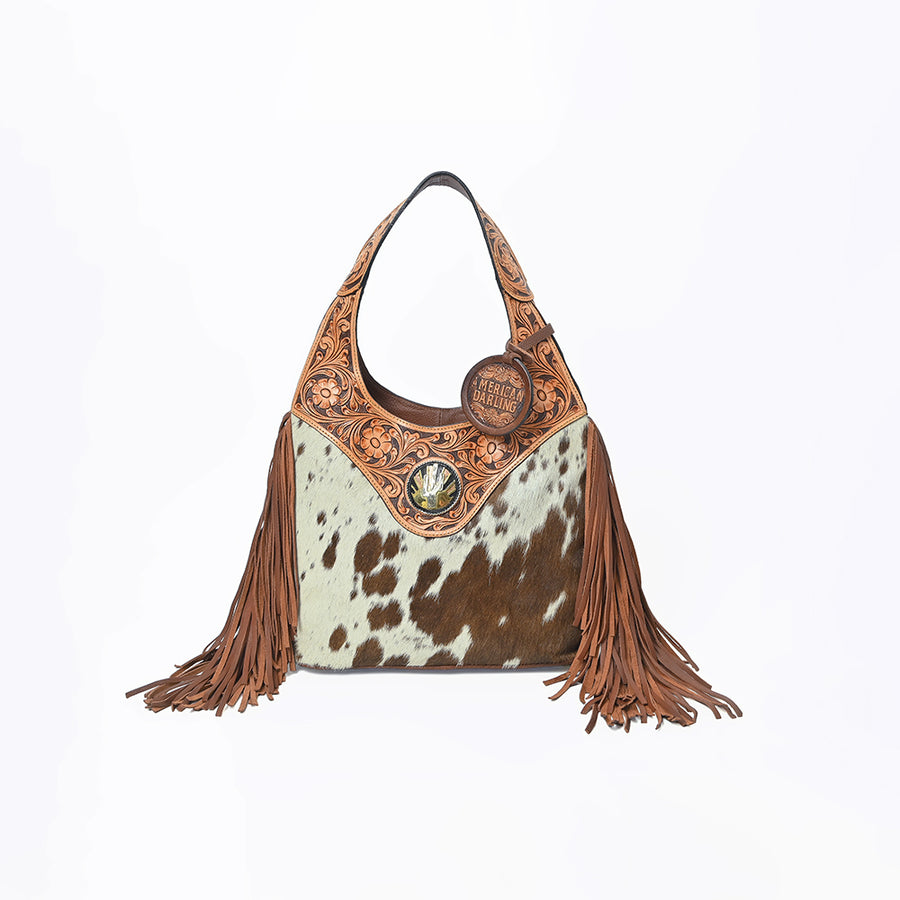 Western Hand-Tooled Leather Hobo Bag with Hair-On Hide & Fringe – Artisan Shoulder Handbag