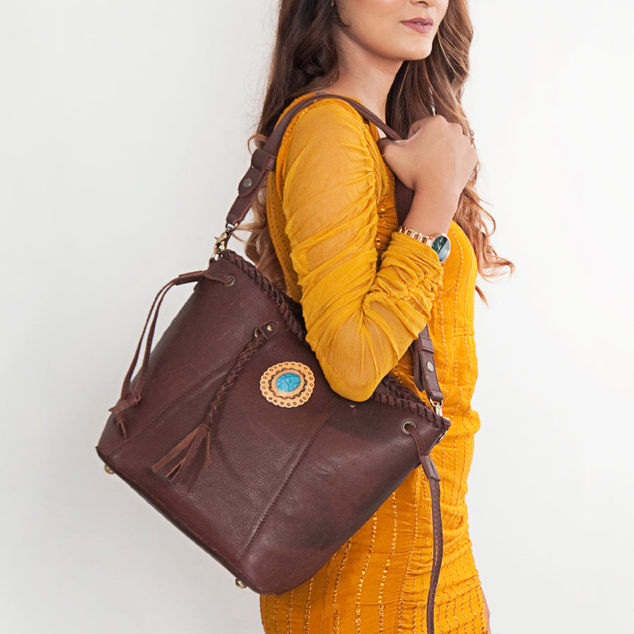 American Darling Bucket Bag, Genuine Vegetable-Tanned Leather, Braided Trim with Tassels & Turquoise, Western Handbag