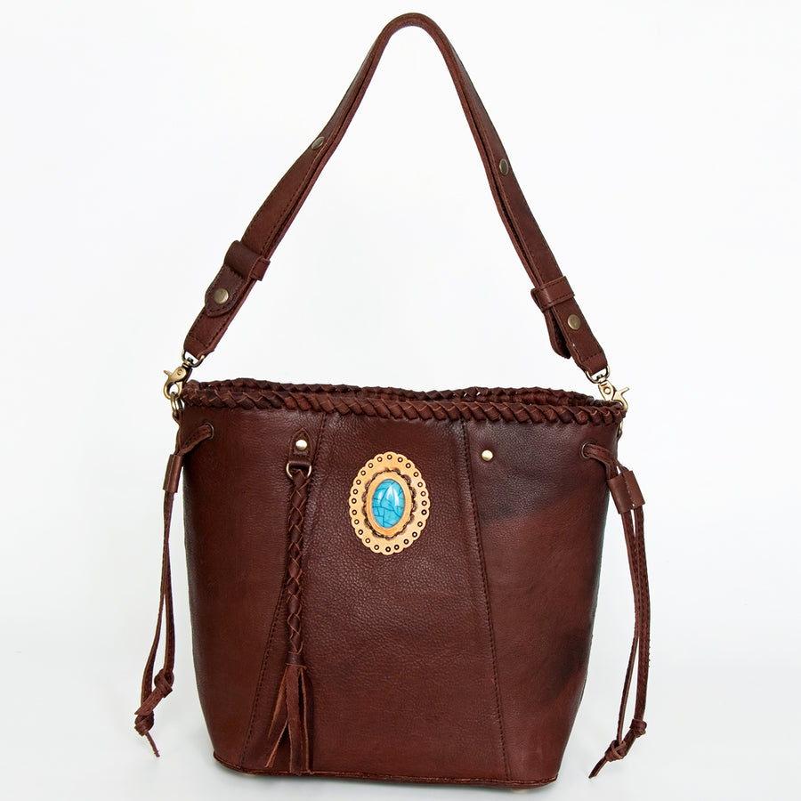 American Darling Bucket Bag, Genuine Vegetable-Tanned Leather, Braided Trim with Tassels & Turquoise, Western Handbag