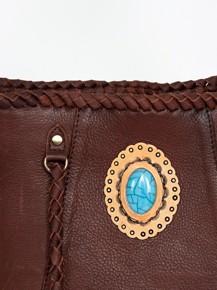 American Darling Bucket Bag, Genuine Vegetable-Tanned Leather, Braided Trim with Tassels & Turquoise, Western Handbag