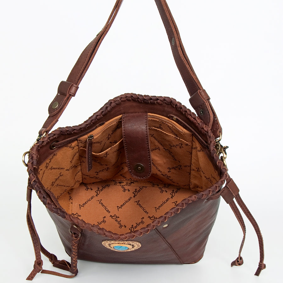 American Darling Bucket Bag, Genuine Vegetable-Tanned Leather, Braided Trim with Tassels & Turquoise, Western Handbag