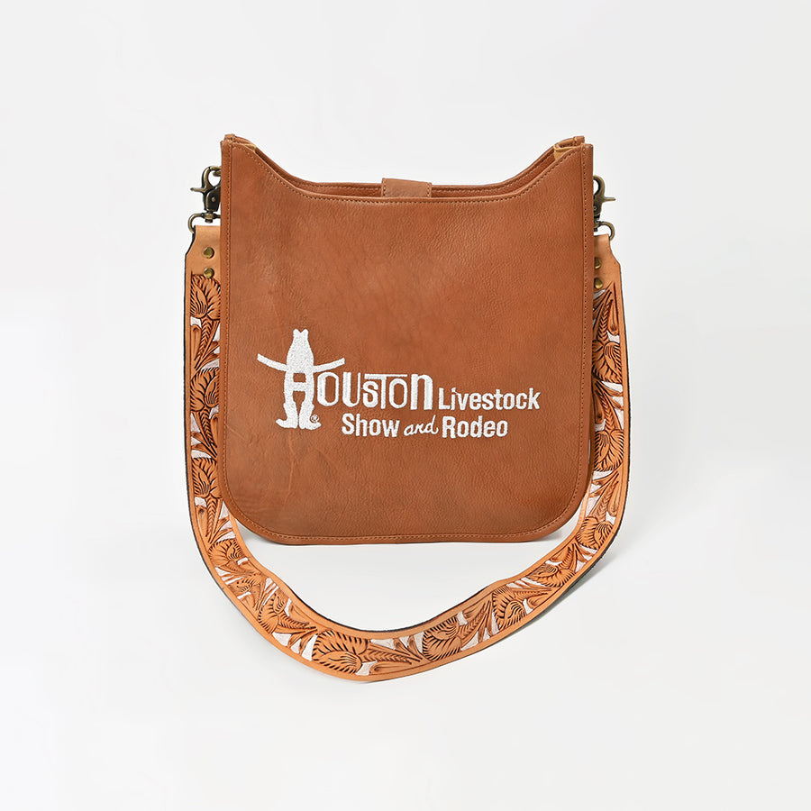 Showground Rodeo Genuine Leather White Embroidered Crossbody Bag Hand-Tooled Floral Strap | Houston Livestock Show and Rodeo