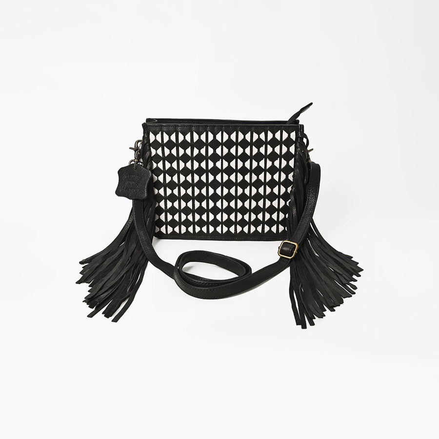 American Darling Genuine Leather Fringe Crossbody Bag w/ Geometric Black