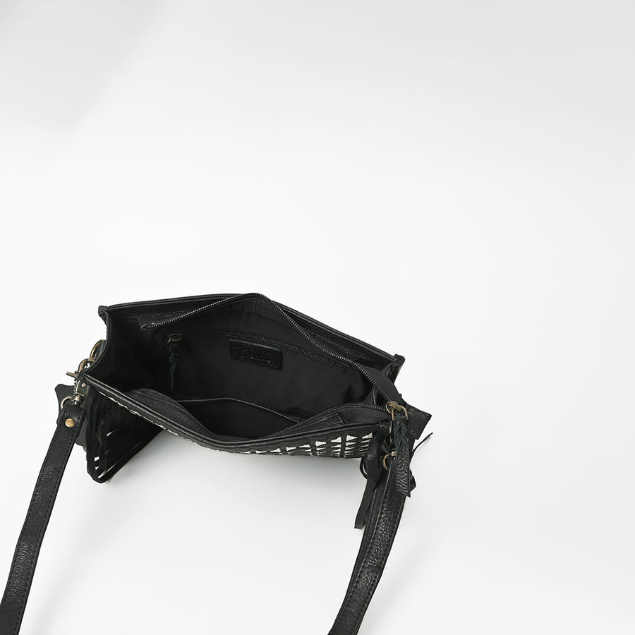 American Darling Genuine Leather Fringe Crossbody Bag w/ Geometric Black