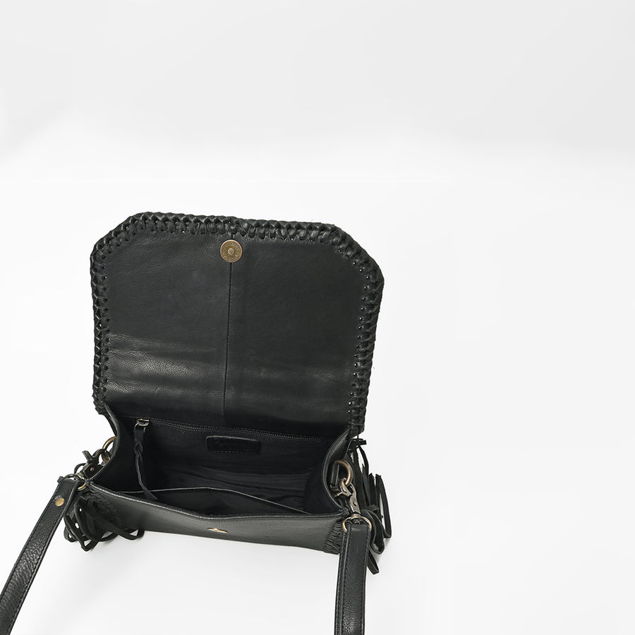American Darling Leather Fringe Crossbody Bag with Geometric Cutout Flap