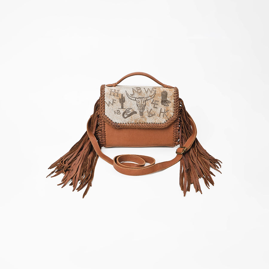 American Darling Brown Leather Fringe Crossbody Bag w/ Hair-On Hide Flap