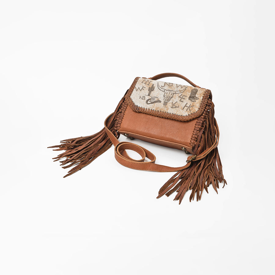 American Darling Brown Leather Fringe Crossbody Bag w/ Hair-On Hide Flap