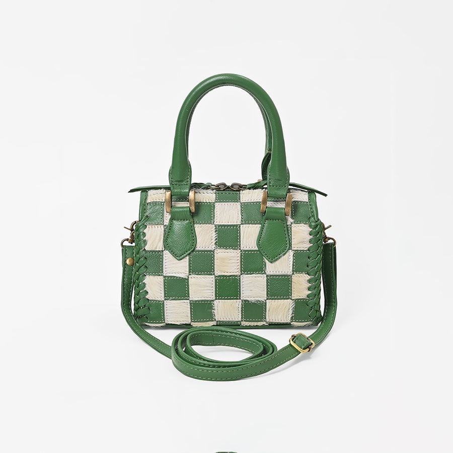 American Darling Hair-On Cowhide Leather Satchel Handbag for Women-Green Ivory Checkerboard Crossbody Purse