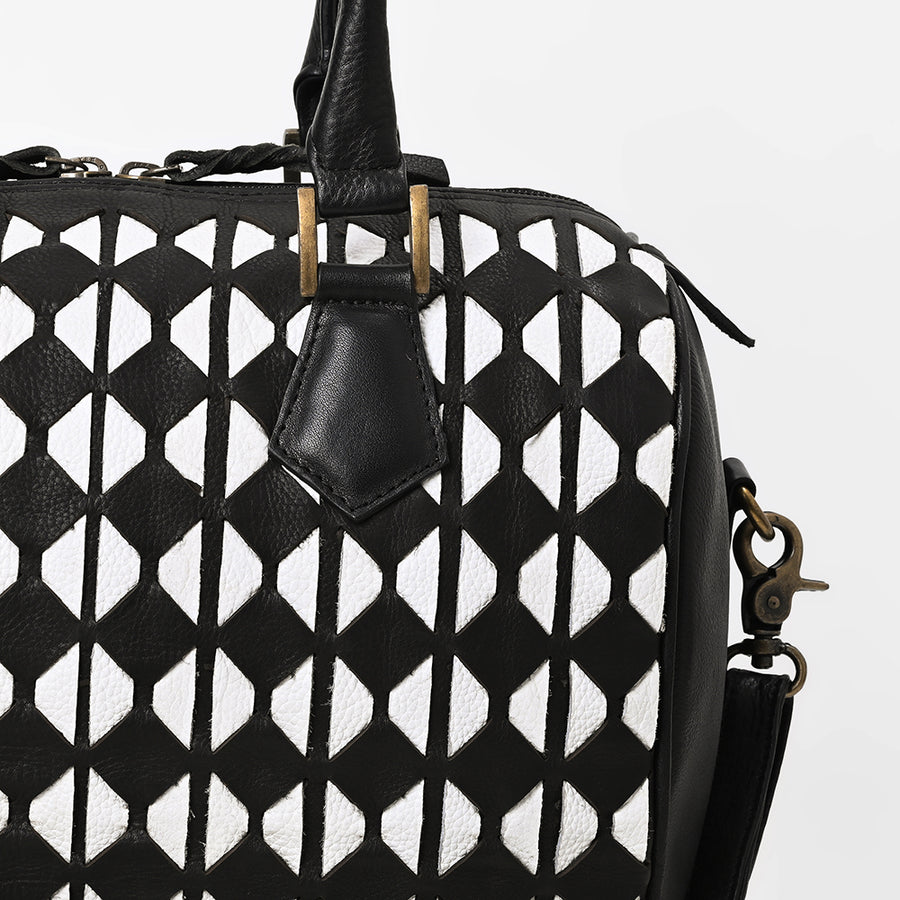 American Darling Black Geometric Hair-On Hide Leather Bowler Speedy Bag