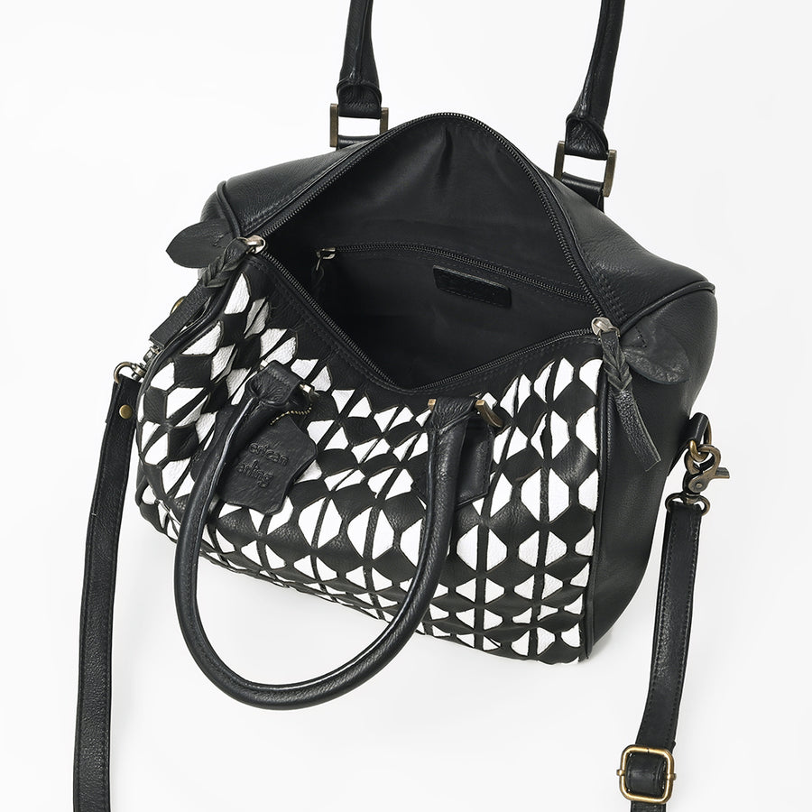 American Darling Black Geometric Hair-On Hide Leather Bowler Speedy Bag