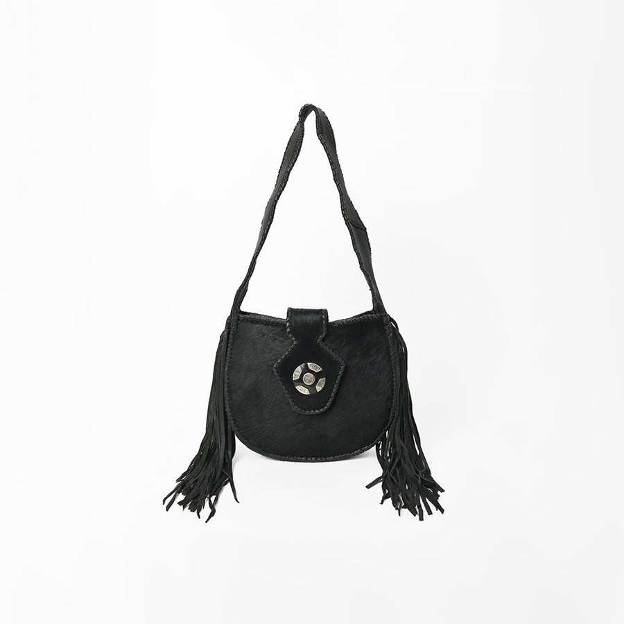 American Darling Black Hair-On Hide Leather Fringe Shoulder Bag w/ Concho