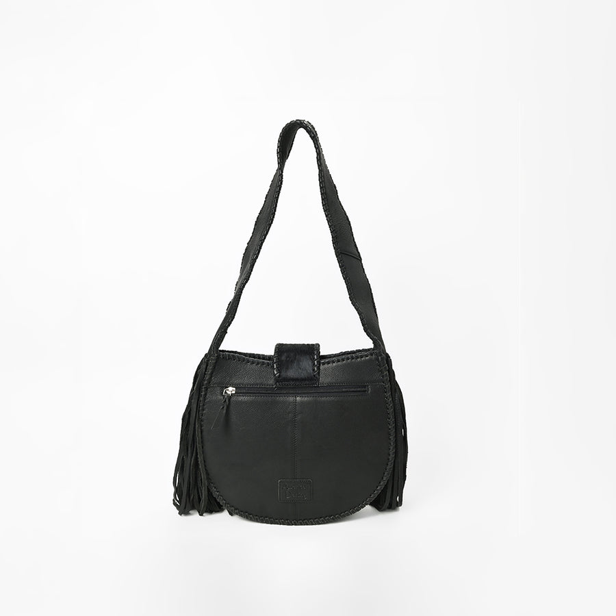 American Darling Black Hair-On Hide Leather Fringe Shoulder Bag w/ Concho