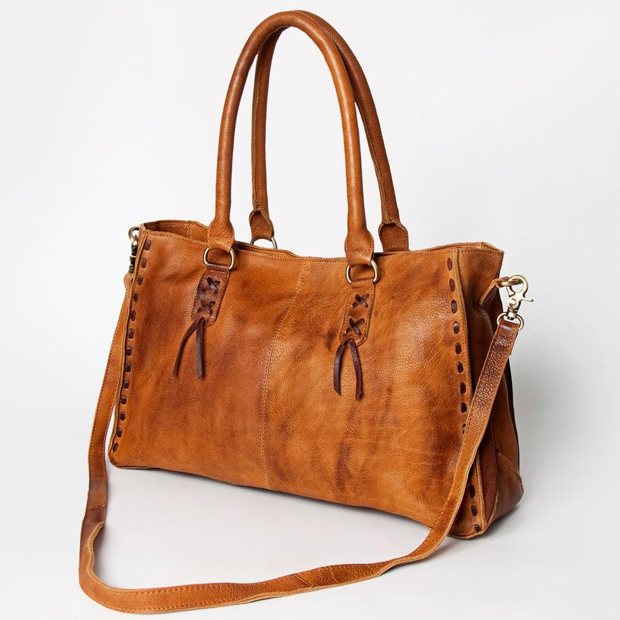 American Darling Tote Bag - Genuine Vegetable-Tanned Leather Western Purse with Buck Stitching & YKK Zipper