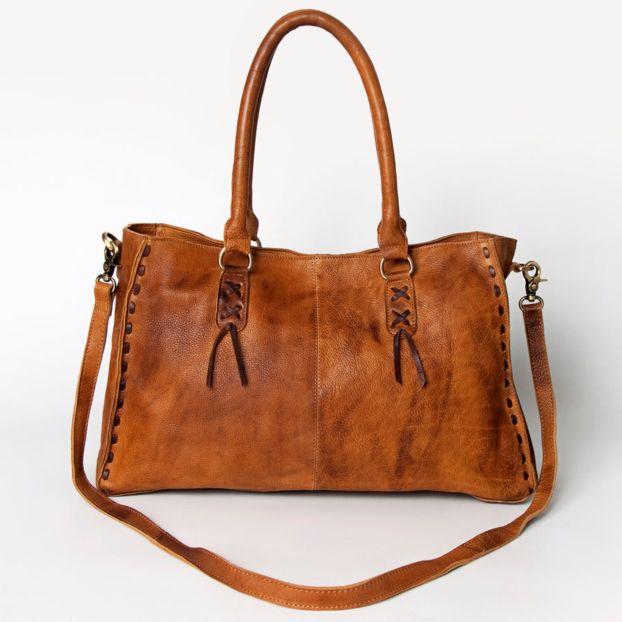 American Darling Tote Bag - Genuine Vegetable-Tanned Leather Western Purse with Buck Stitching & YKK Zipper