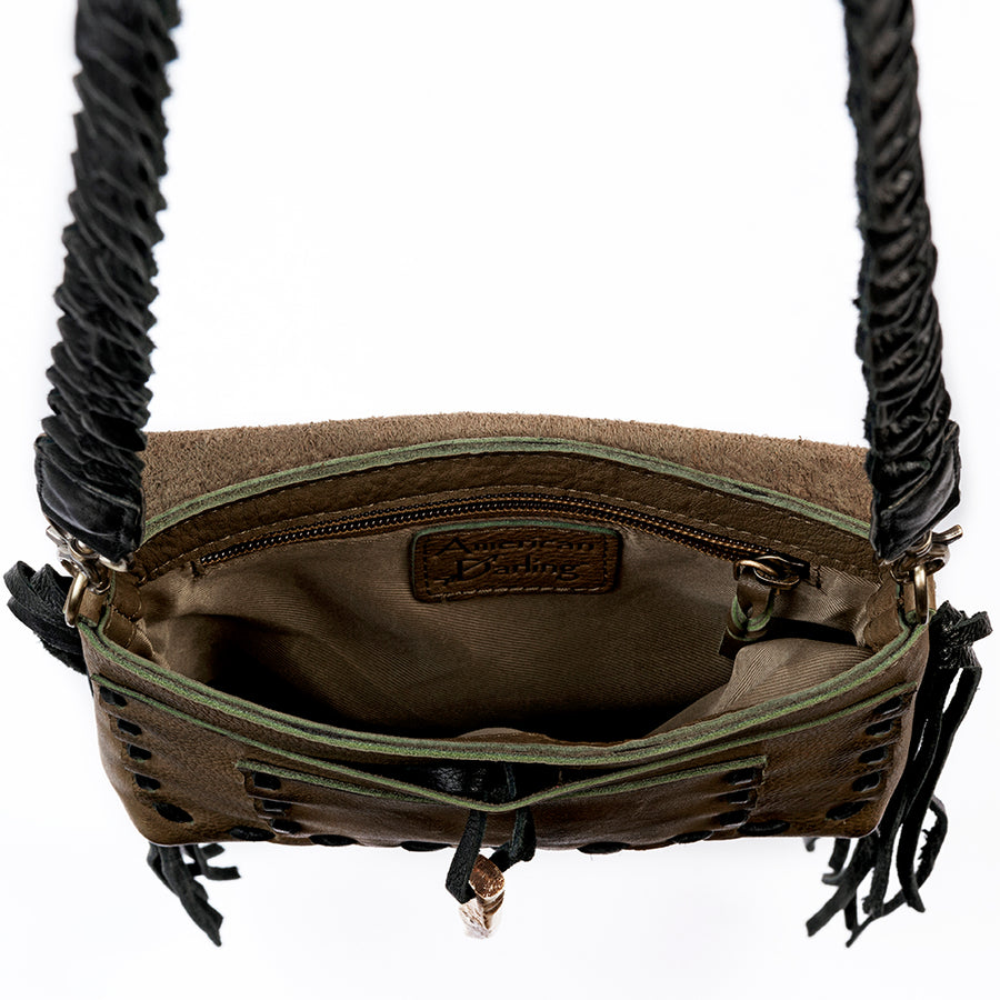 American Darling Cross body Bag Western Genuine Leather Handcrafted Purse with Fringes and Braided Strap