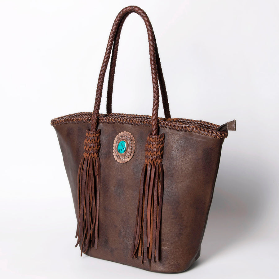 American Darling Tote Bag Western Genuine Leather Handcrafted Large Purse with Fringes and Braided Straps