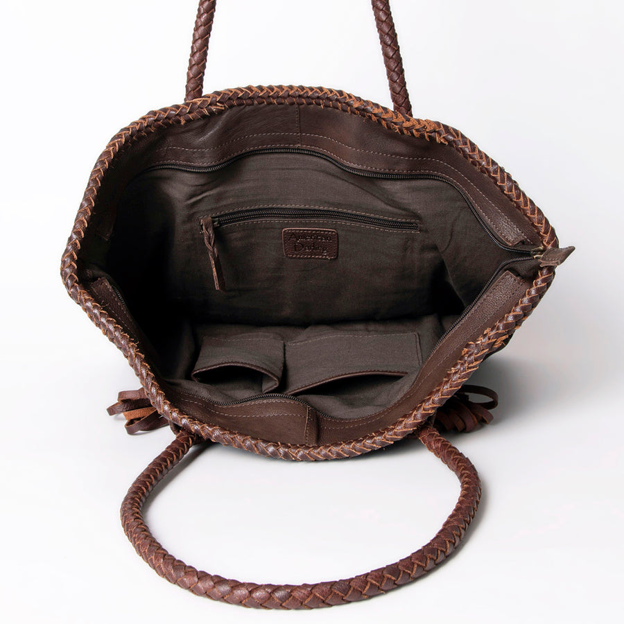 American Darling Tote Bag Western Genuine Leather Handcrafted Large Purse with Fringes and Braided Straps