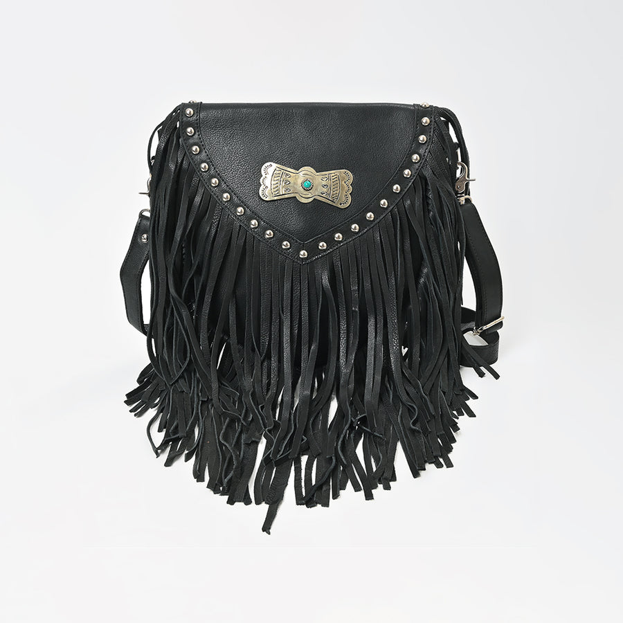 American Darling Genuine Leather Fringe Crossbody Bag for Women, Western Boho Shoulder Purse with Studded Flap Detail