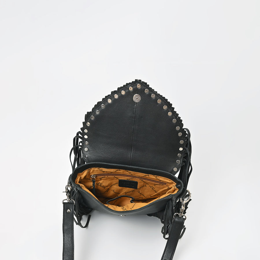 American Darling Genuine Leather Fringe Crossbody Bag for Women, Western Boho Shoulder Purse with Studded Flap Detail