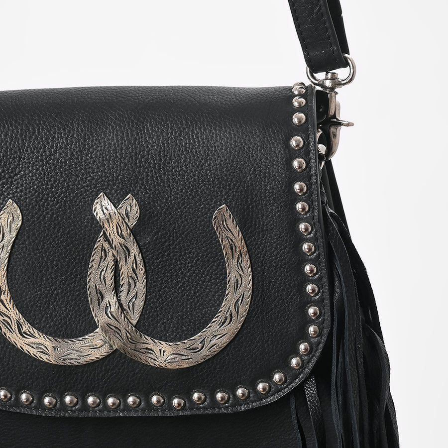 American Darling Black Genuine Leather Fringe Crossbody Bag w/ Horseshoe Concho