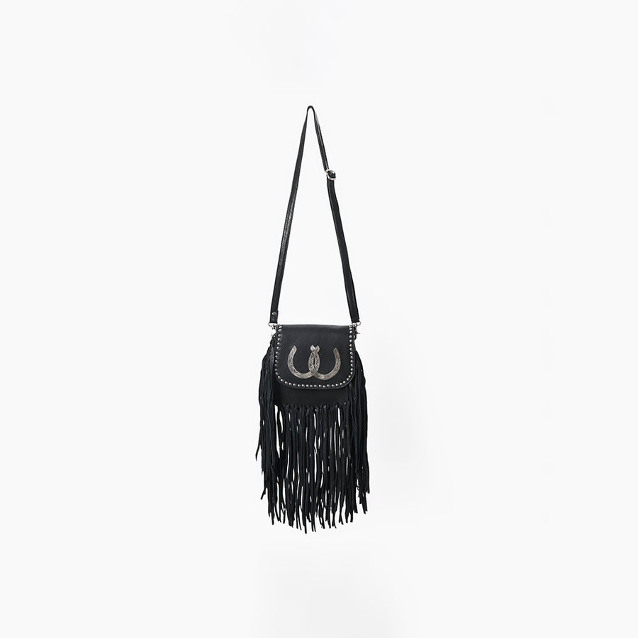 American Darling Black Genuine Leather Fringe Crossbody Bag w/ Horseshoe Concho